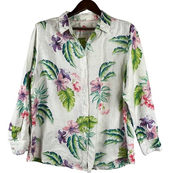 Tommy Bahama Tops - Tommy Bahama Womens XL 100% Linen Tropical Floral Beach Resort Camp Shirt Cruise